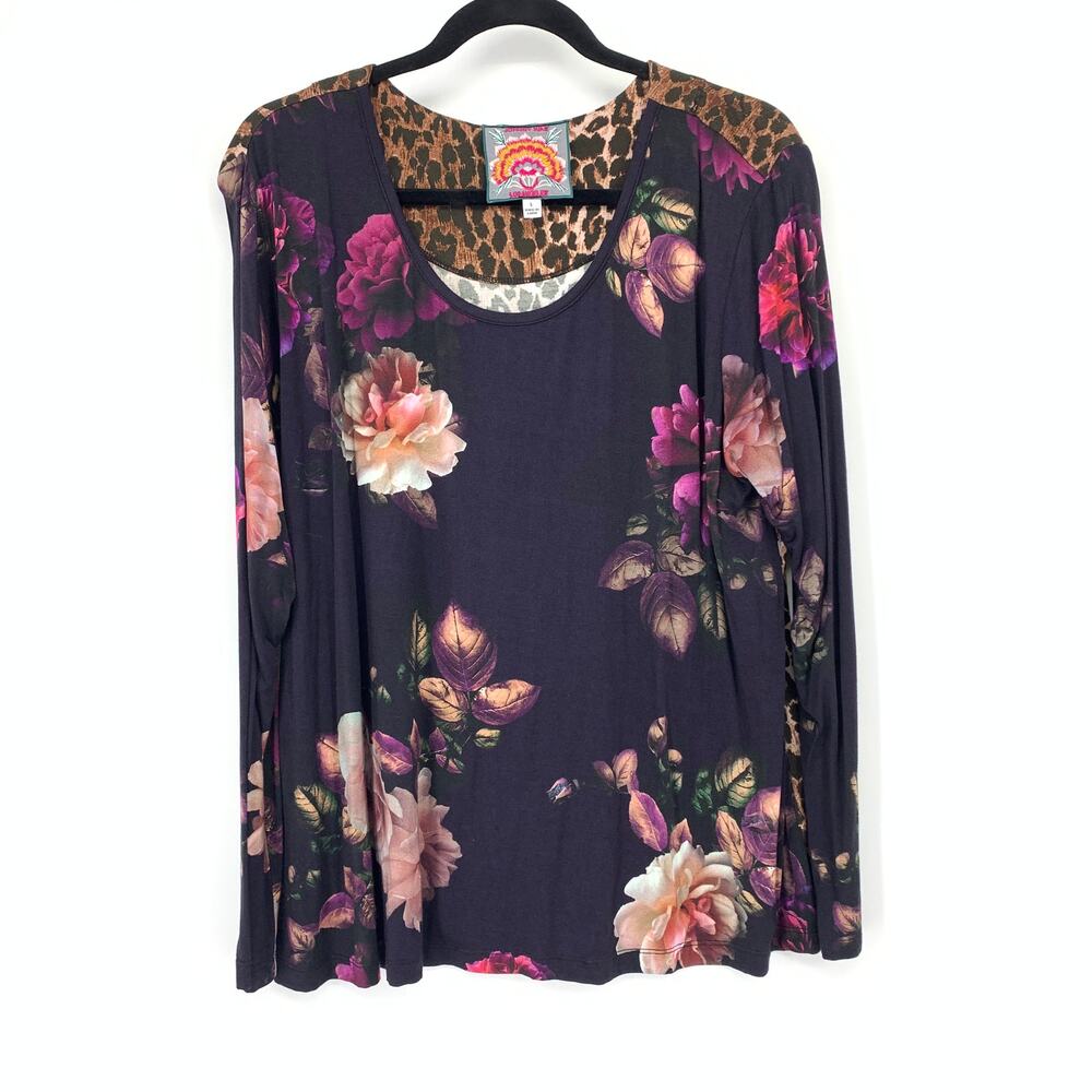 Johnny Was Collection Top Sz L Dark Floral Rose Leopard Print Long Sleeve Tunic